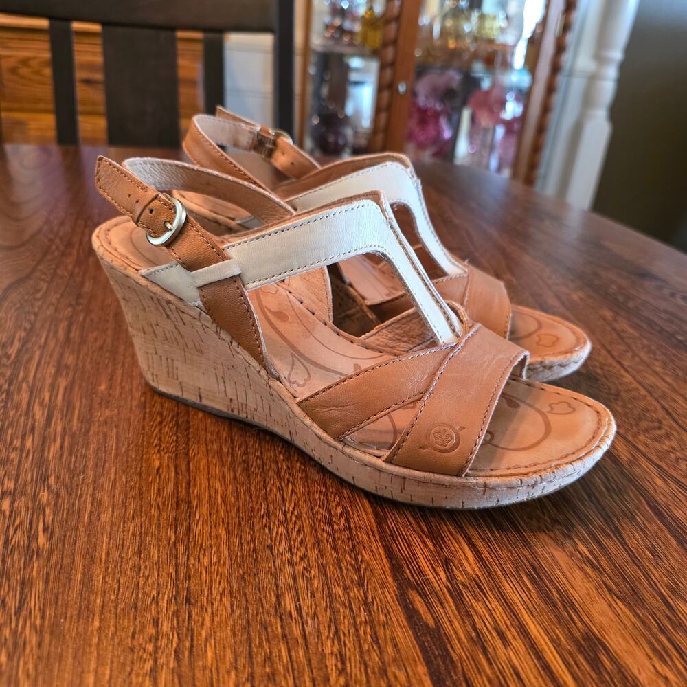 BORN T-strap Leather Tan Cream Cork Wedge Heels Sandal adjustable buckle SZ 8